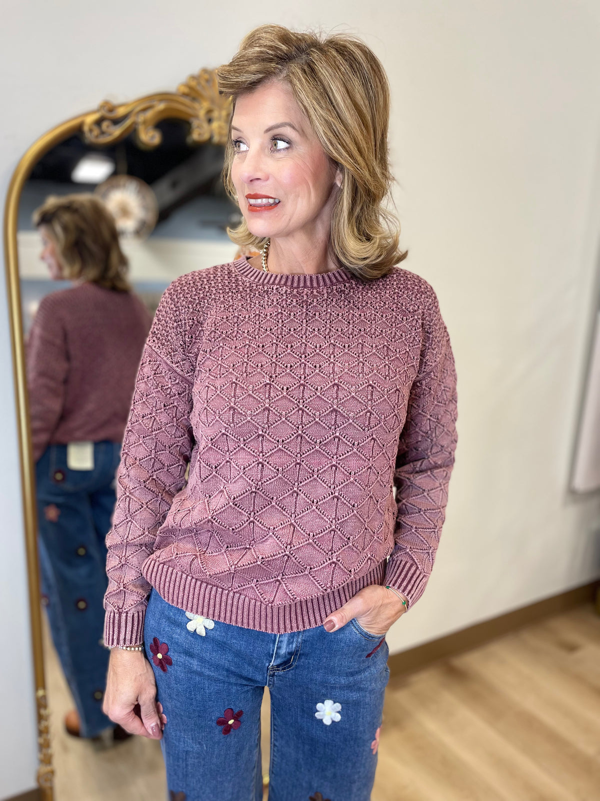Charlie B Cotton Blend Pointelle Sweater Cabernet