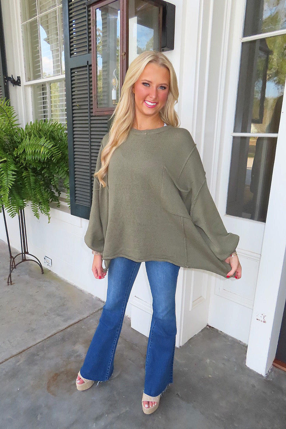Unbe-leaf-able Oversized Front Pocket Sweater Top Olive