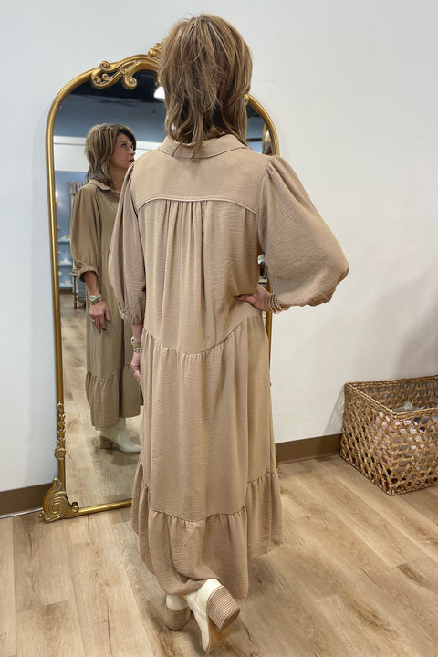Umgee Solid Collared V-Neck Midi Dress Taupe
