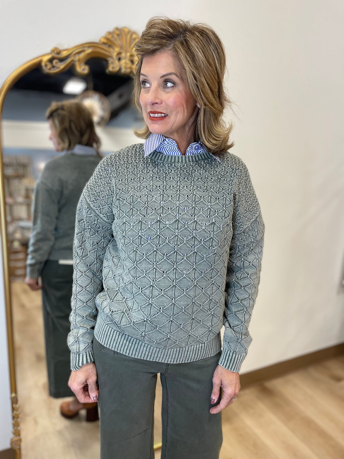 Charlie B Cotton Blend Pointelle Sweater Spruce