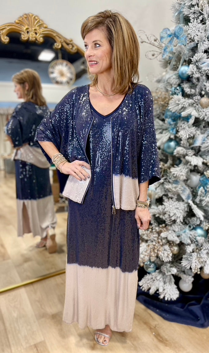 Tempo Paris Frosted Glam Sequin Jacket Navy/Tan