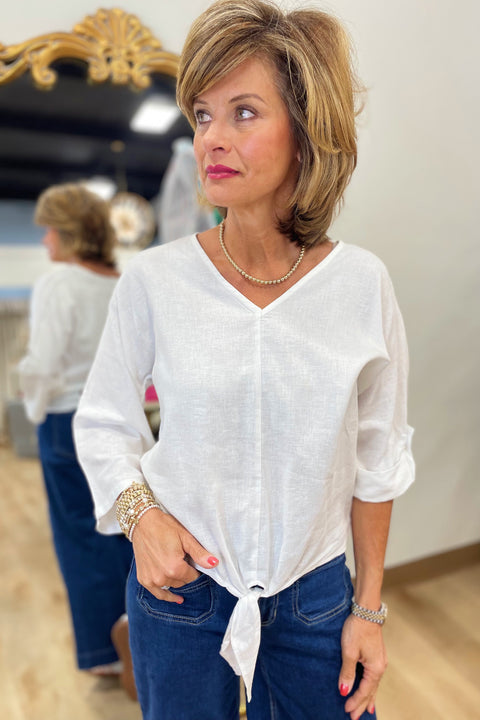 Charlie B Tie Front V Neck Top White