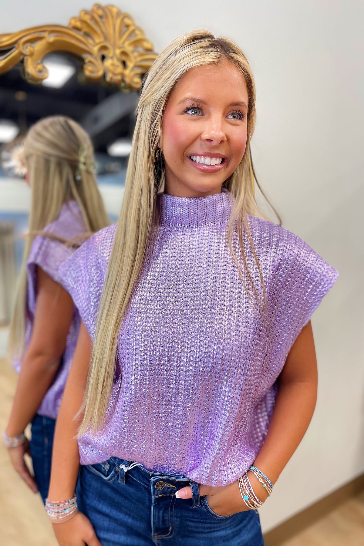 Sparkle Season Mock Neck Top Lavender