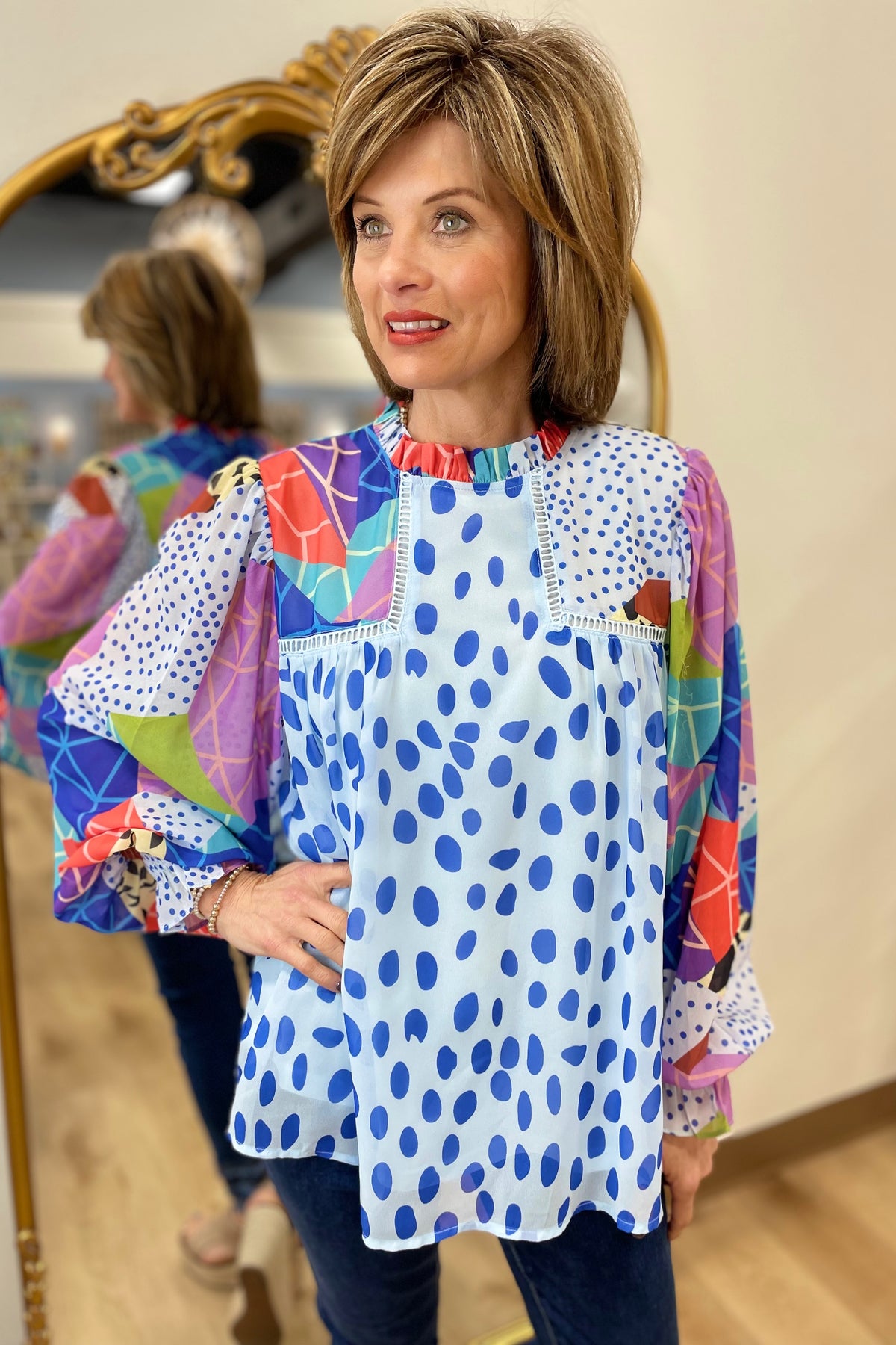 Spots Abound LS Chiffon Top Blue