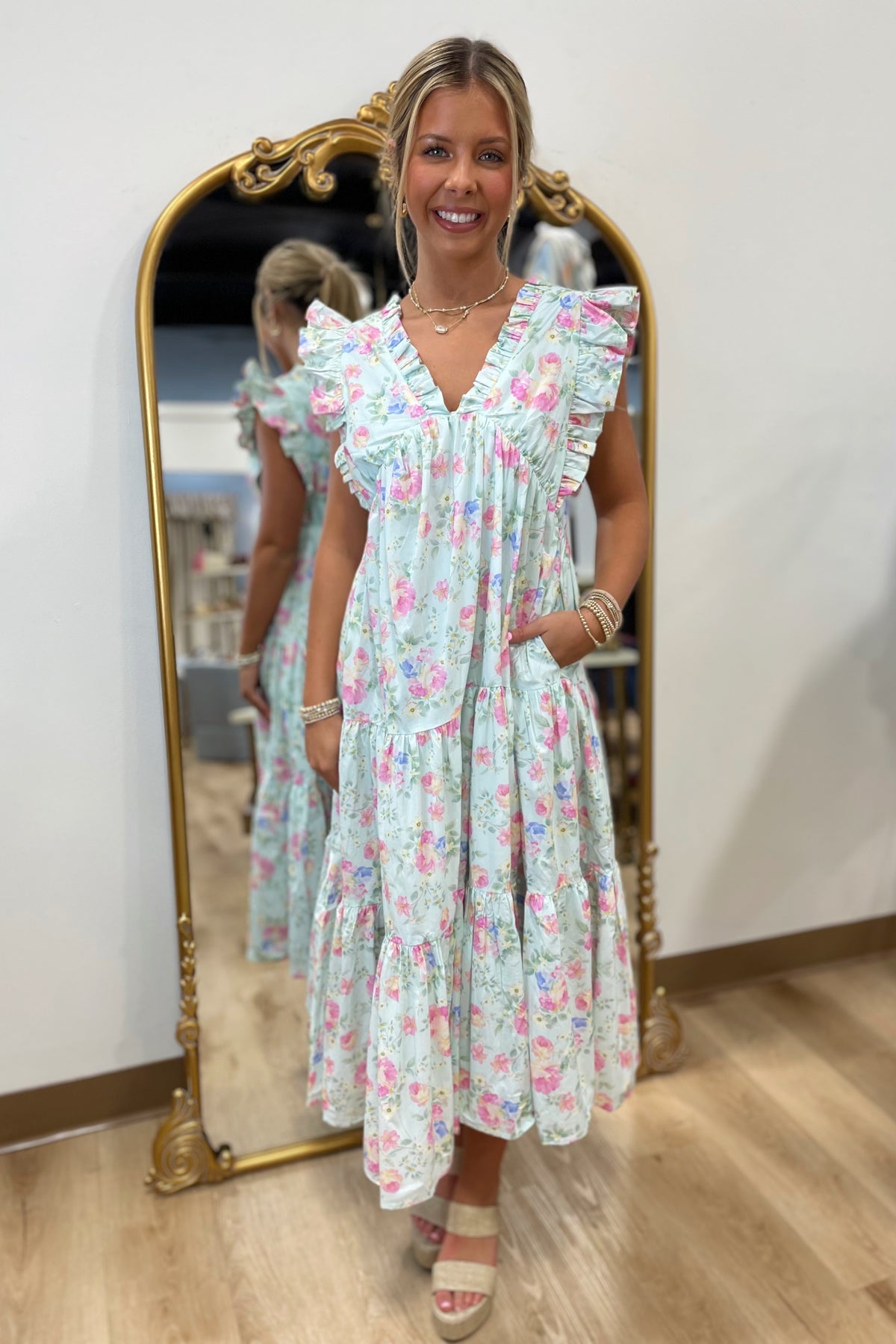 Floral Fable V Neck Midi Dress Blue