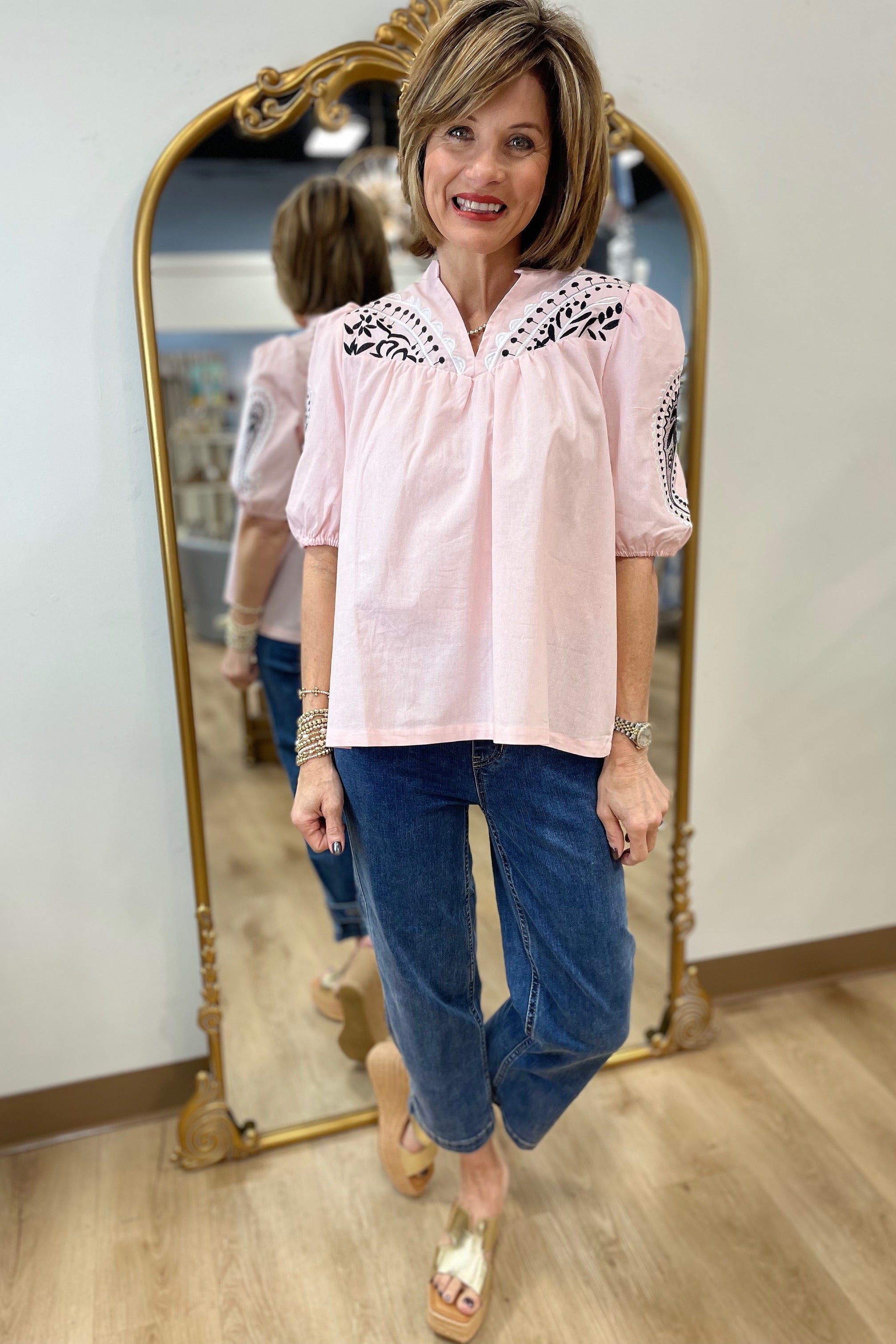Mud Pie Humphrey Embroidered Top Pink
