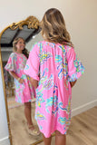 Umgee Pleated Round Neck Bubble Sleeve Dress Peony