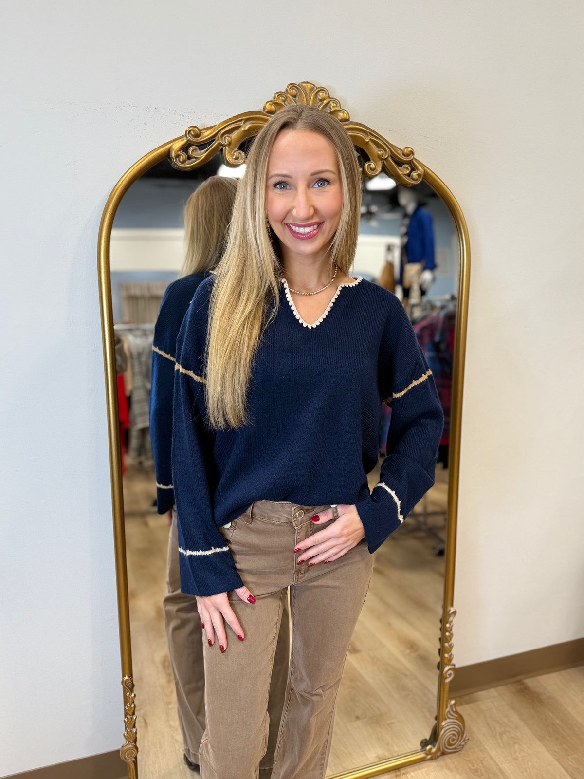 Charlie B Notched Soutache Sweater Navy