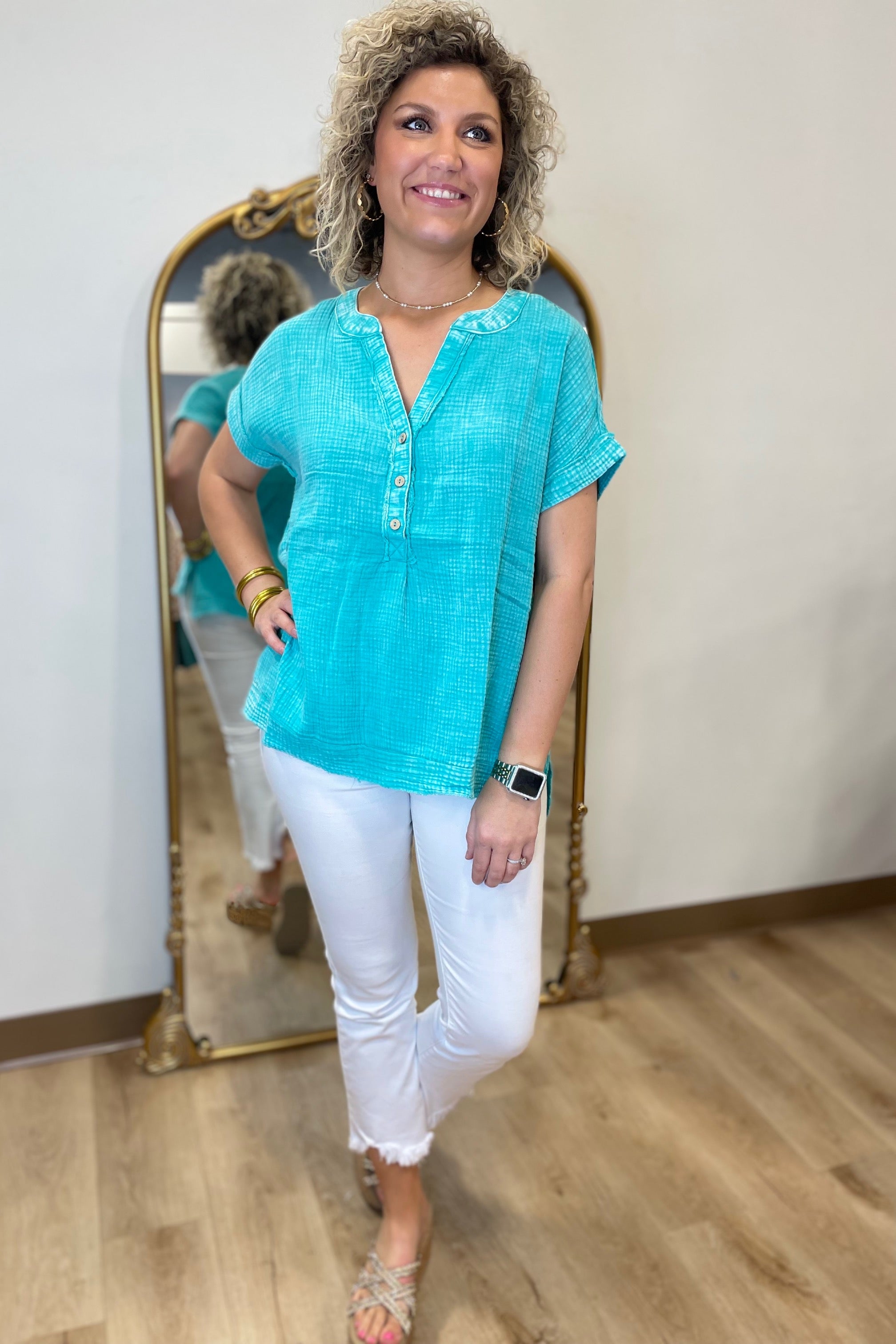 Going w Gauze Henley Blouse Turquoise