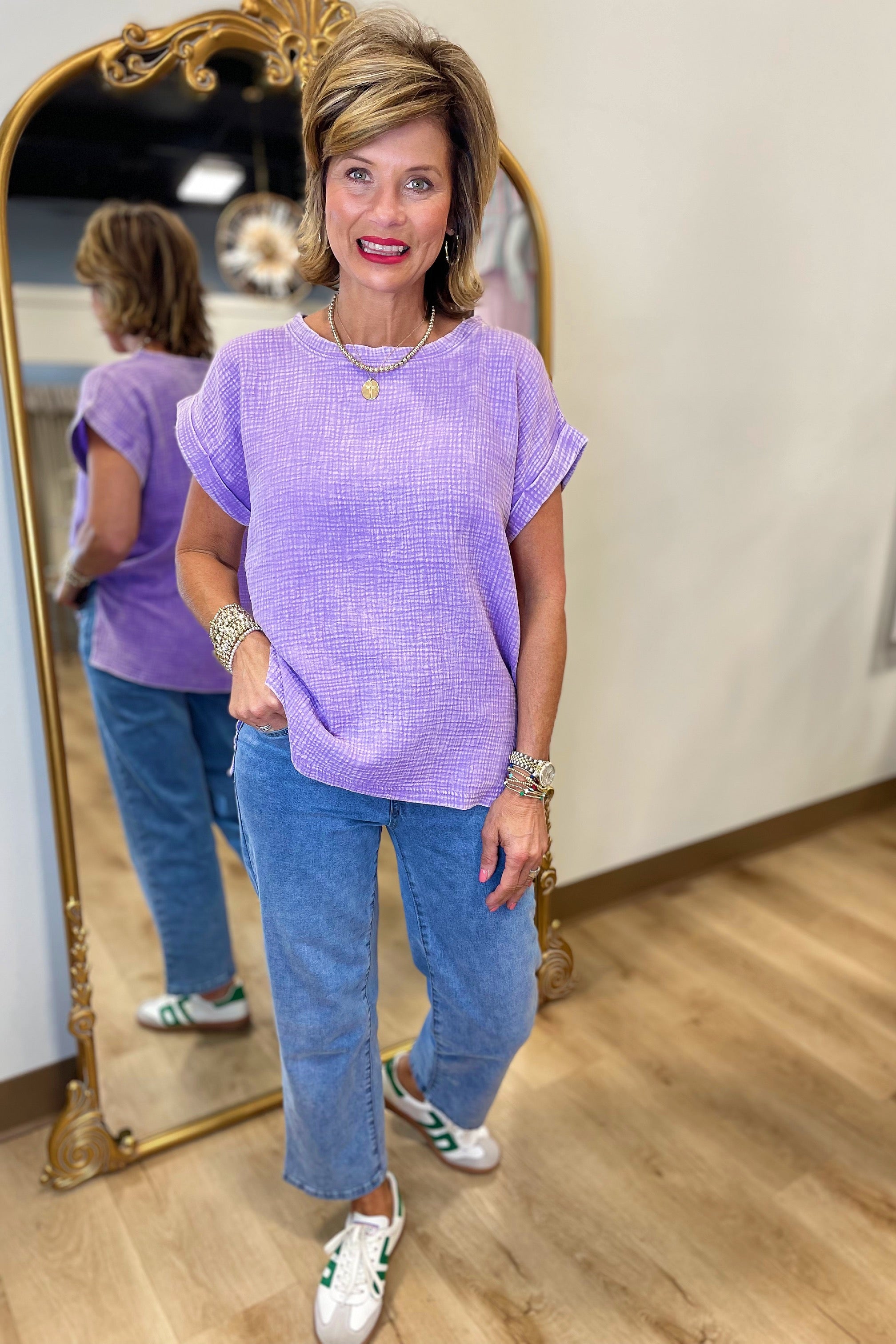 Going w Gauze Acid Washed Top Lavender