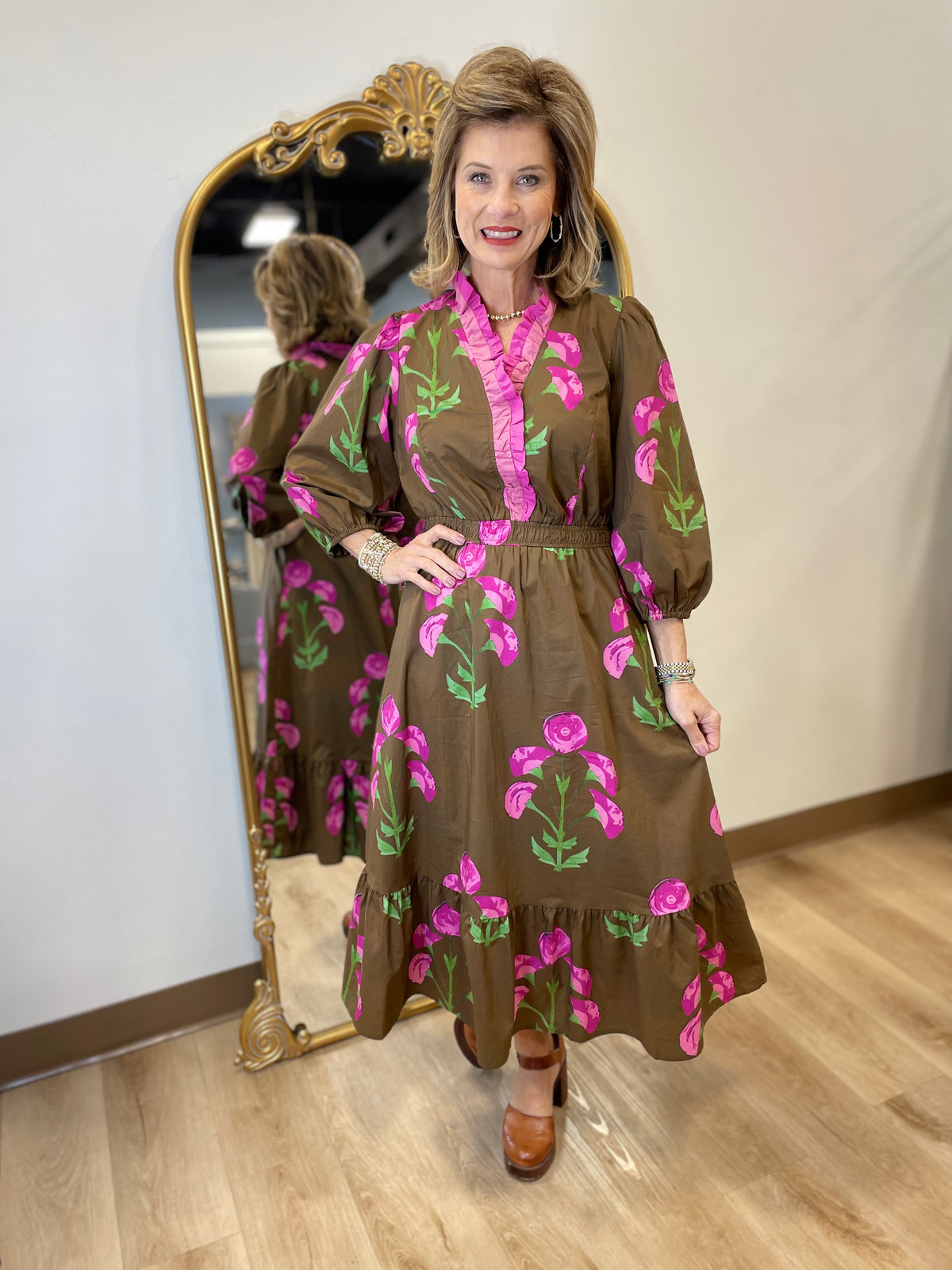 Umgee Floral Midi Dress Brown