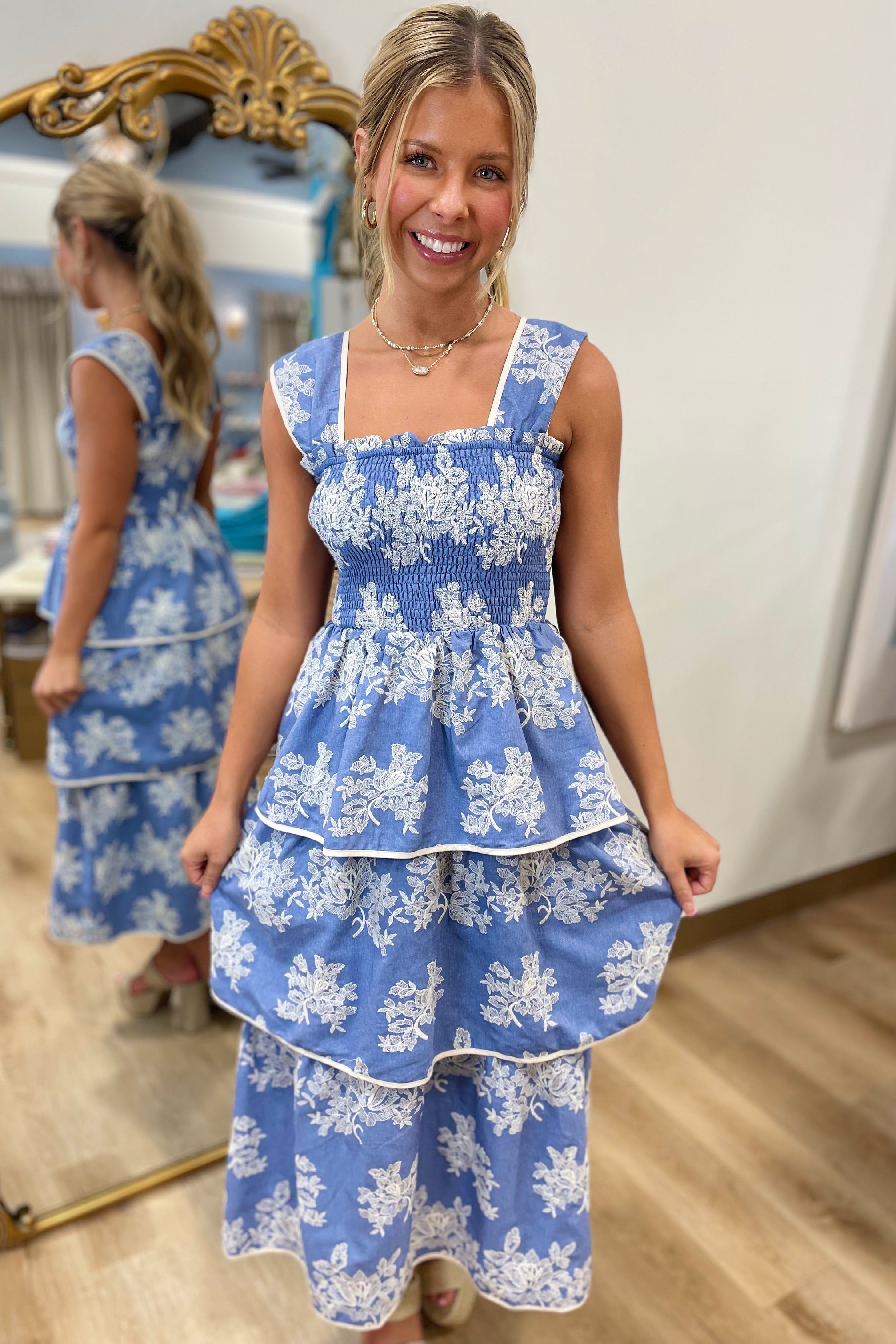 Aureum Chambray Charm Smocked Bodice Dress