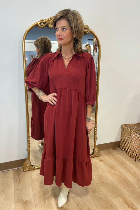 Umgee Solid Collared V-Neck Midi Dress Brick