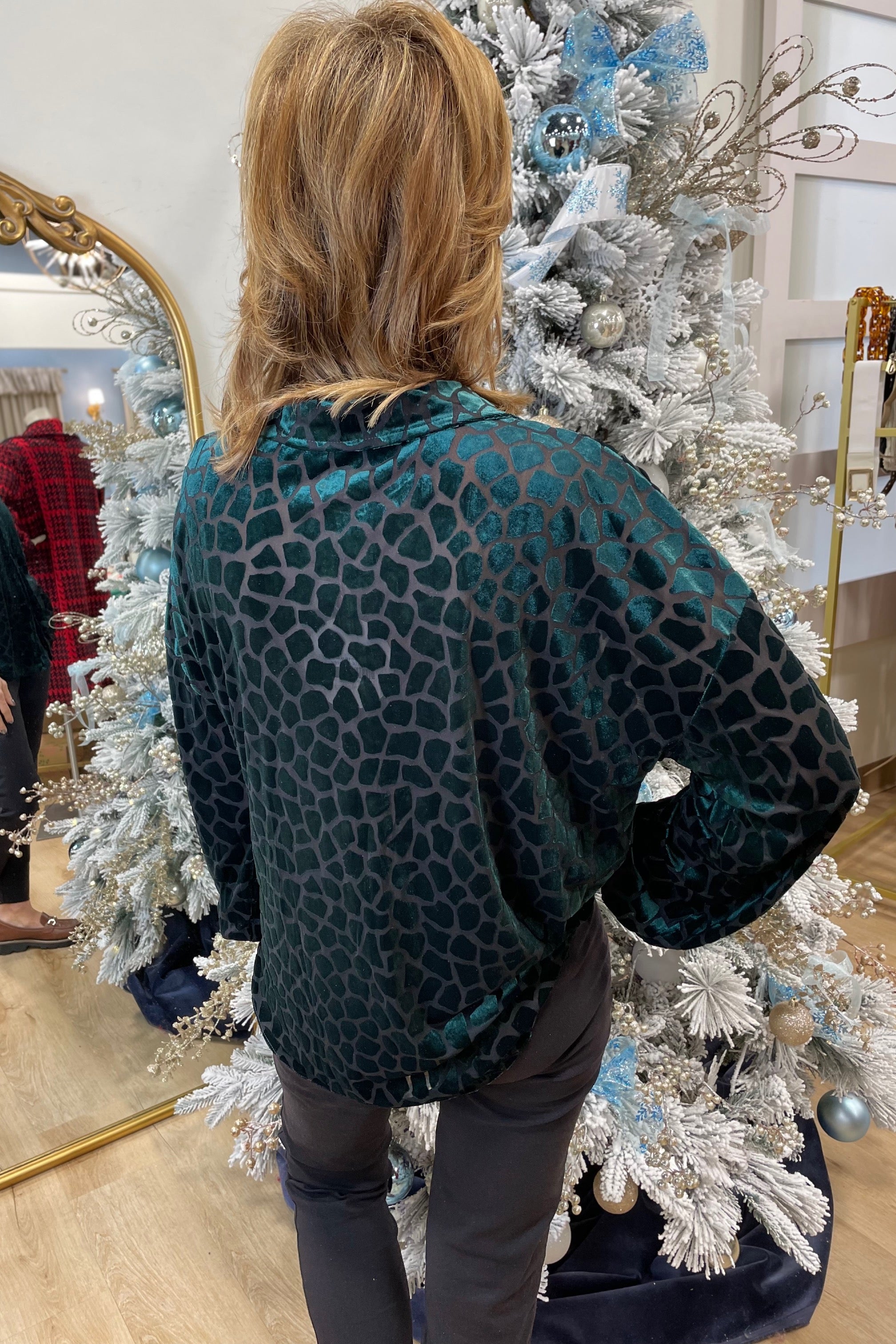 Umgee Velvet Burnout Blouse Green
