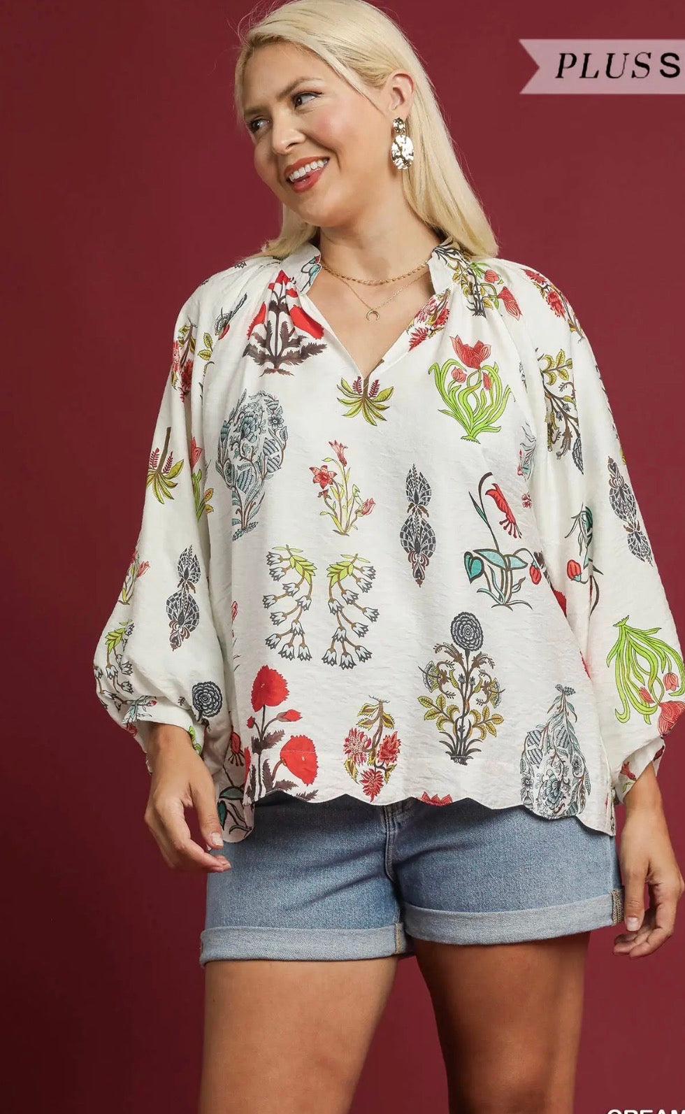 Umgee Blue Mix Split Neck 3/4 Sleeve Blouse