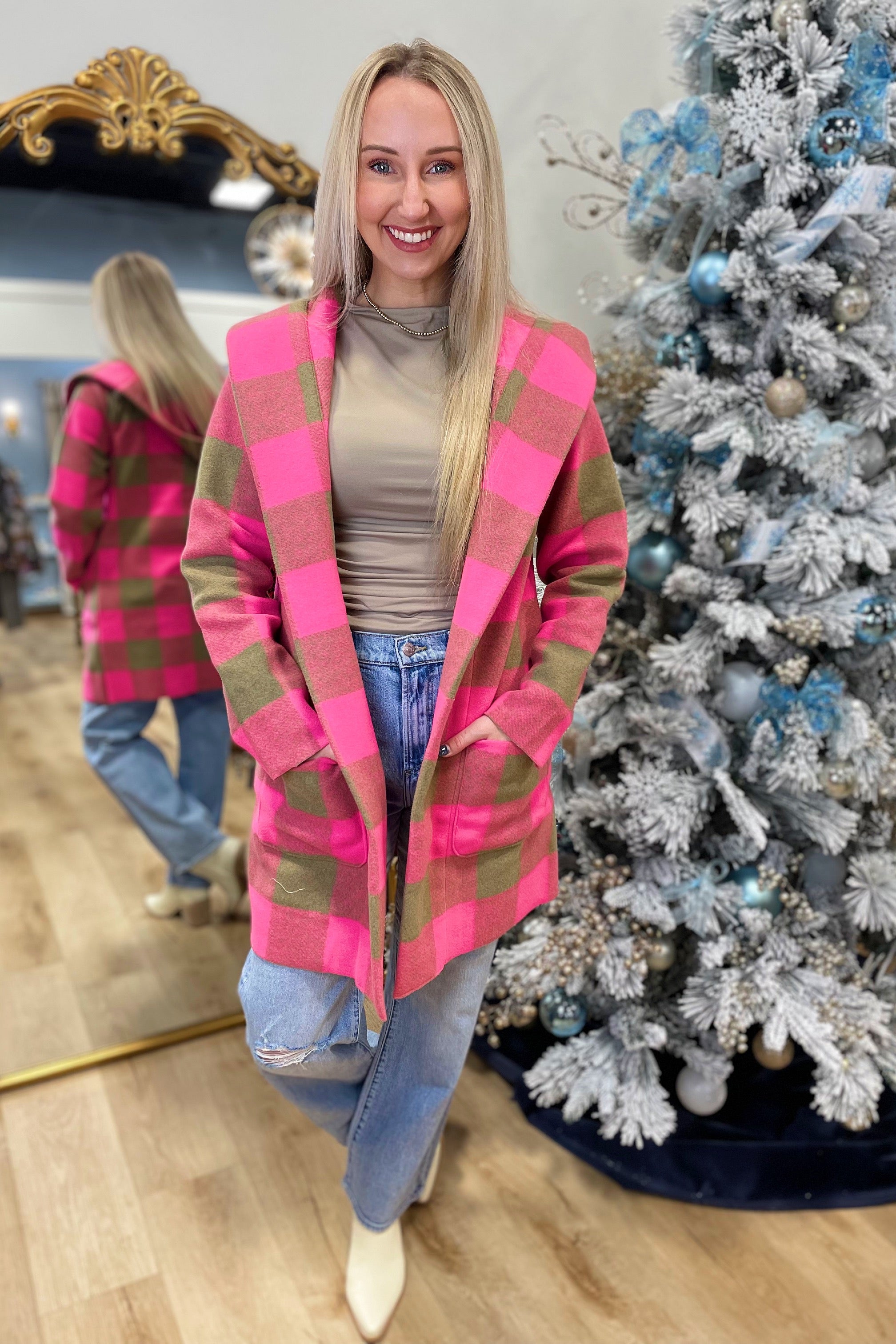 Dylan Carey Check Hood Coat Pink Olive