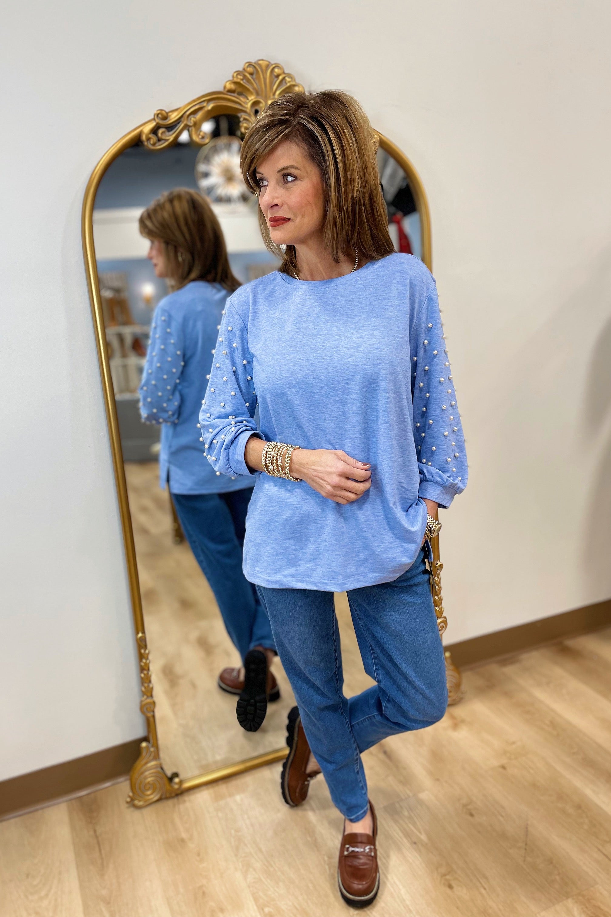 Multiples Pearl Puff Sleeve Top Cornflower