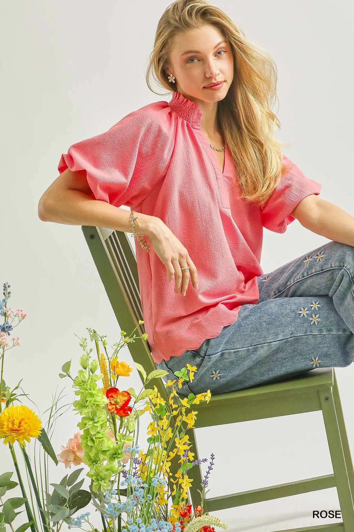 Umgee Split Neck Top Rose