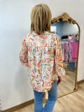 Frannie Frill Neck Floral Blouse Orange Cream