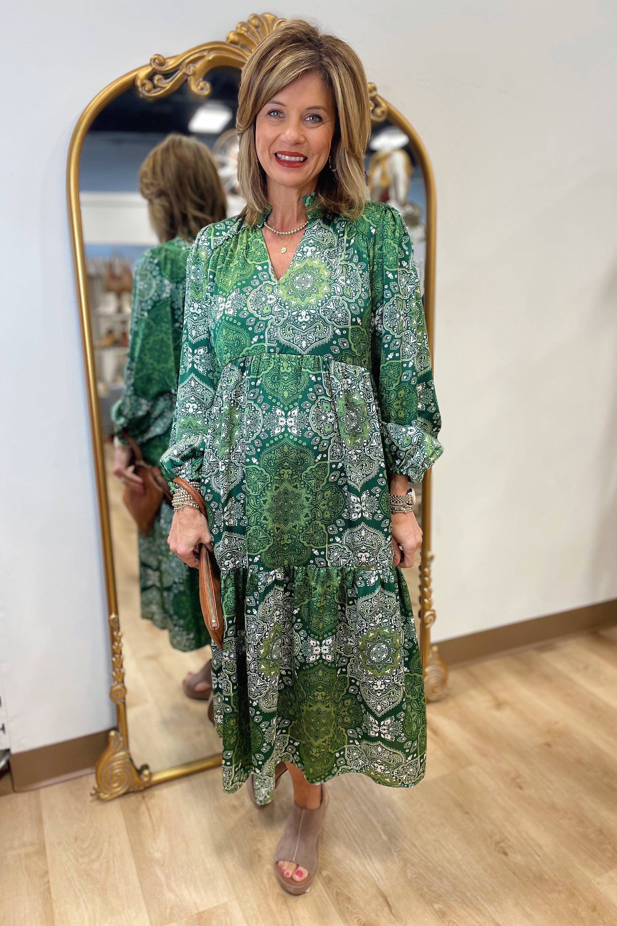 Umgee Dark Sage Split Neck Dress