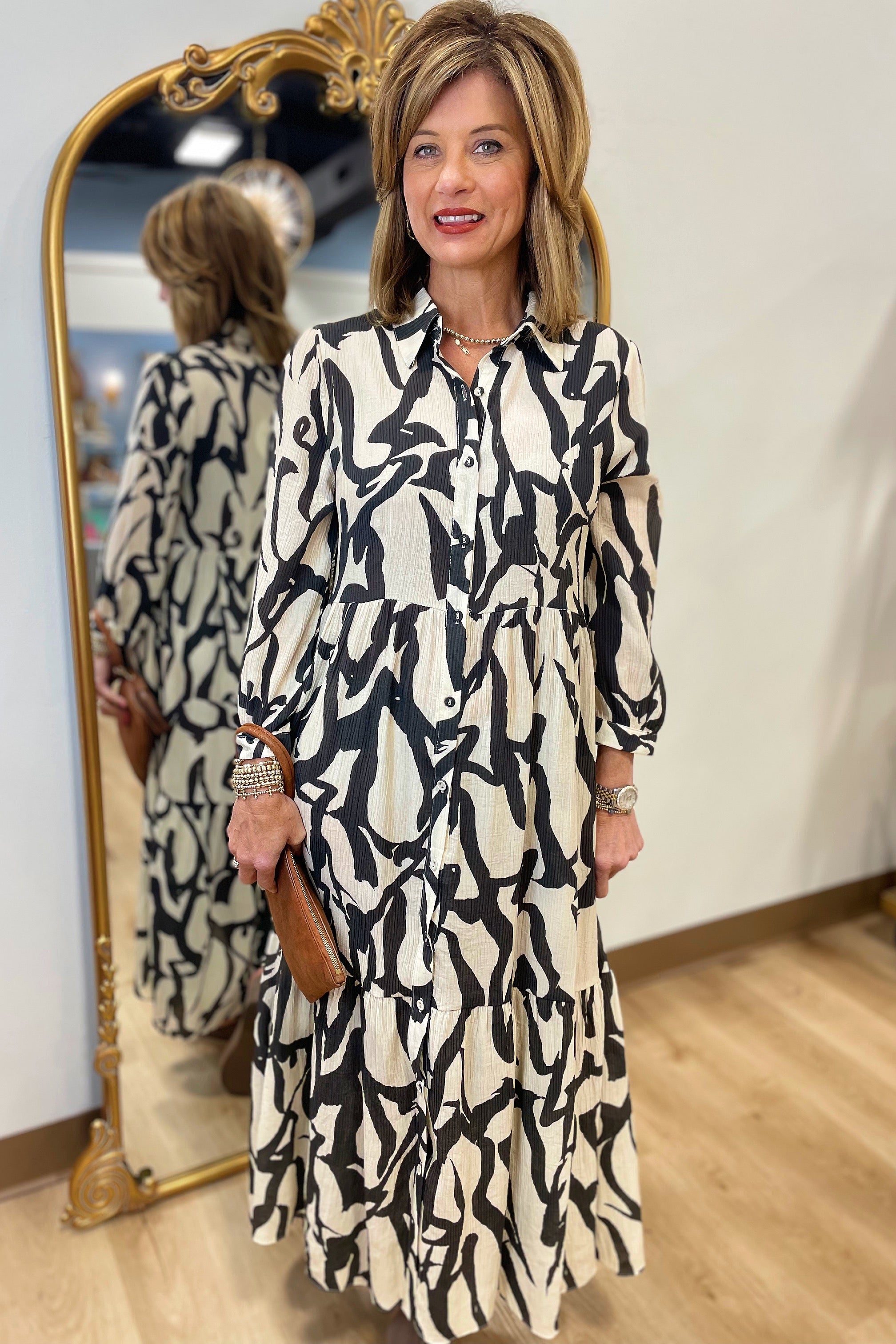 Umgee Two Tone Abstract Print Midi Dress Brown Mix