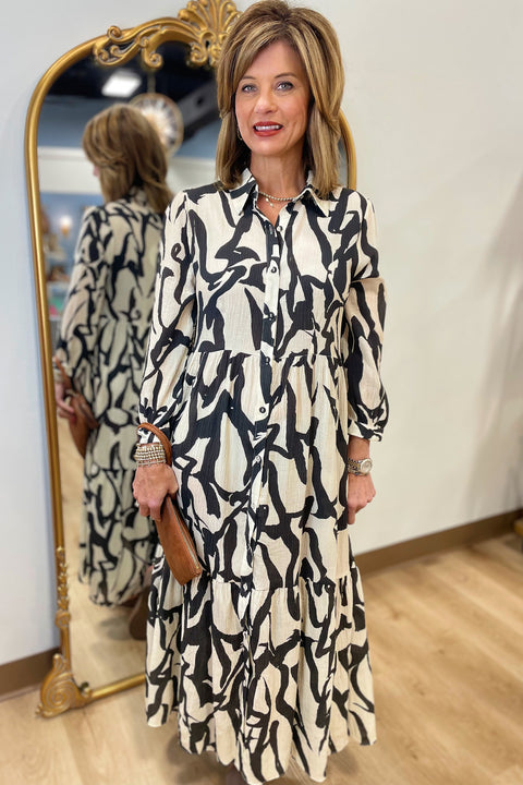 Umgee Two Tone Abstract Print Midi Dress Brown Mix