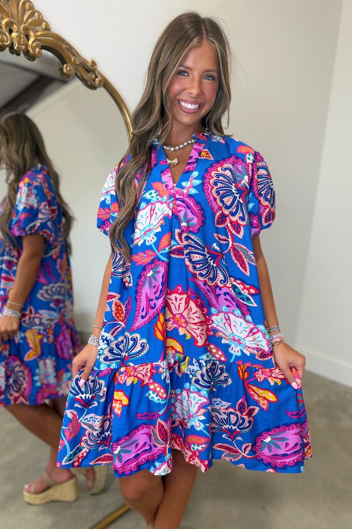 Umgee Power Paisley Print Dress Blue