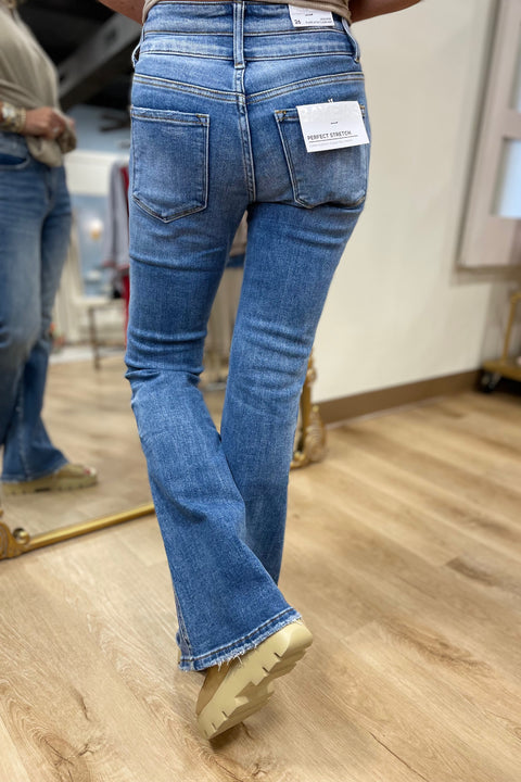 Bayeas High Rise Flare w Clean Hem Medium Blue