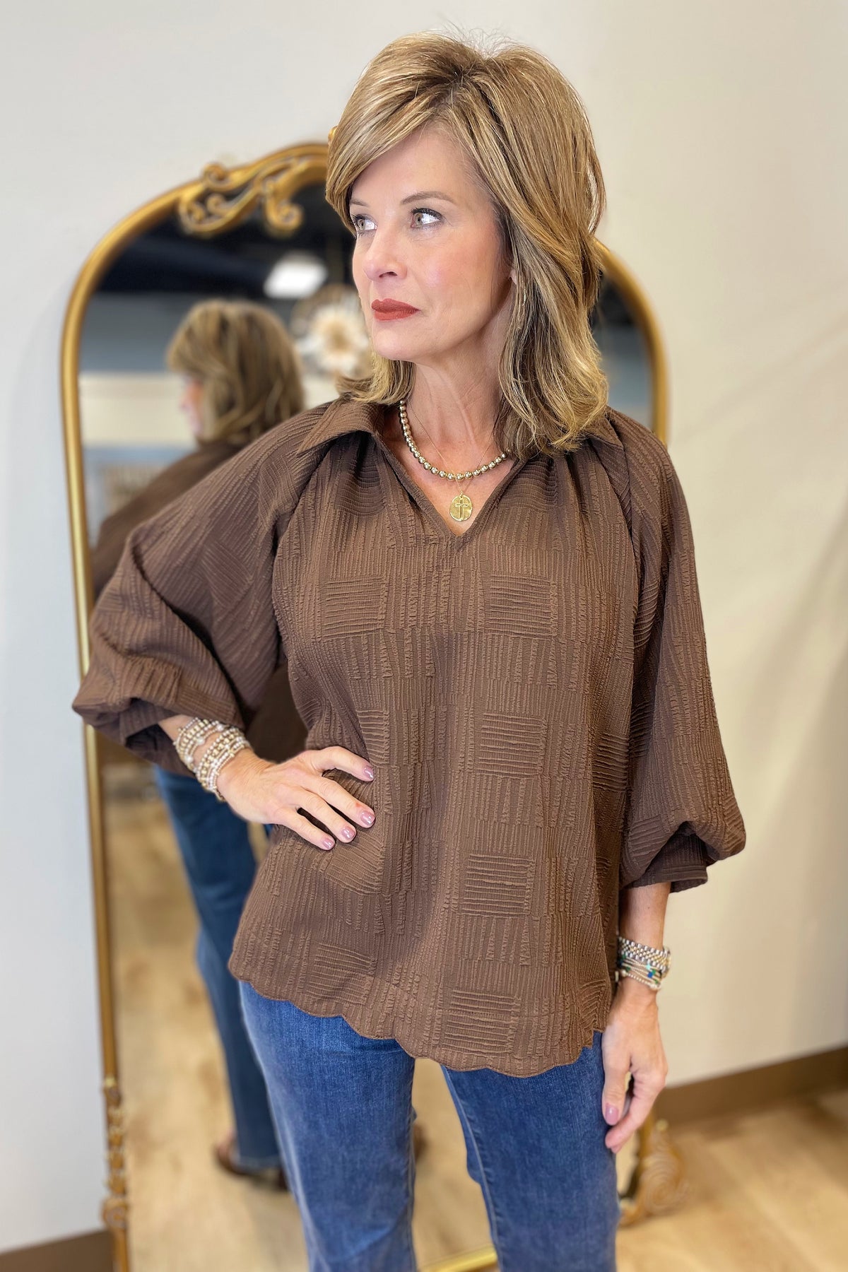 Umgee Textured Blouse Brown