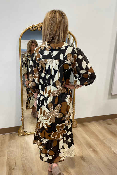 Umgee Rust Mix Split Neck Midi Dress Camel