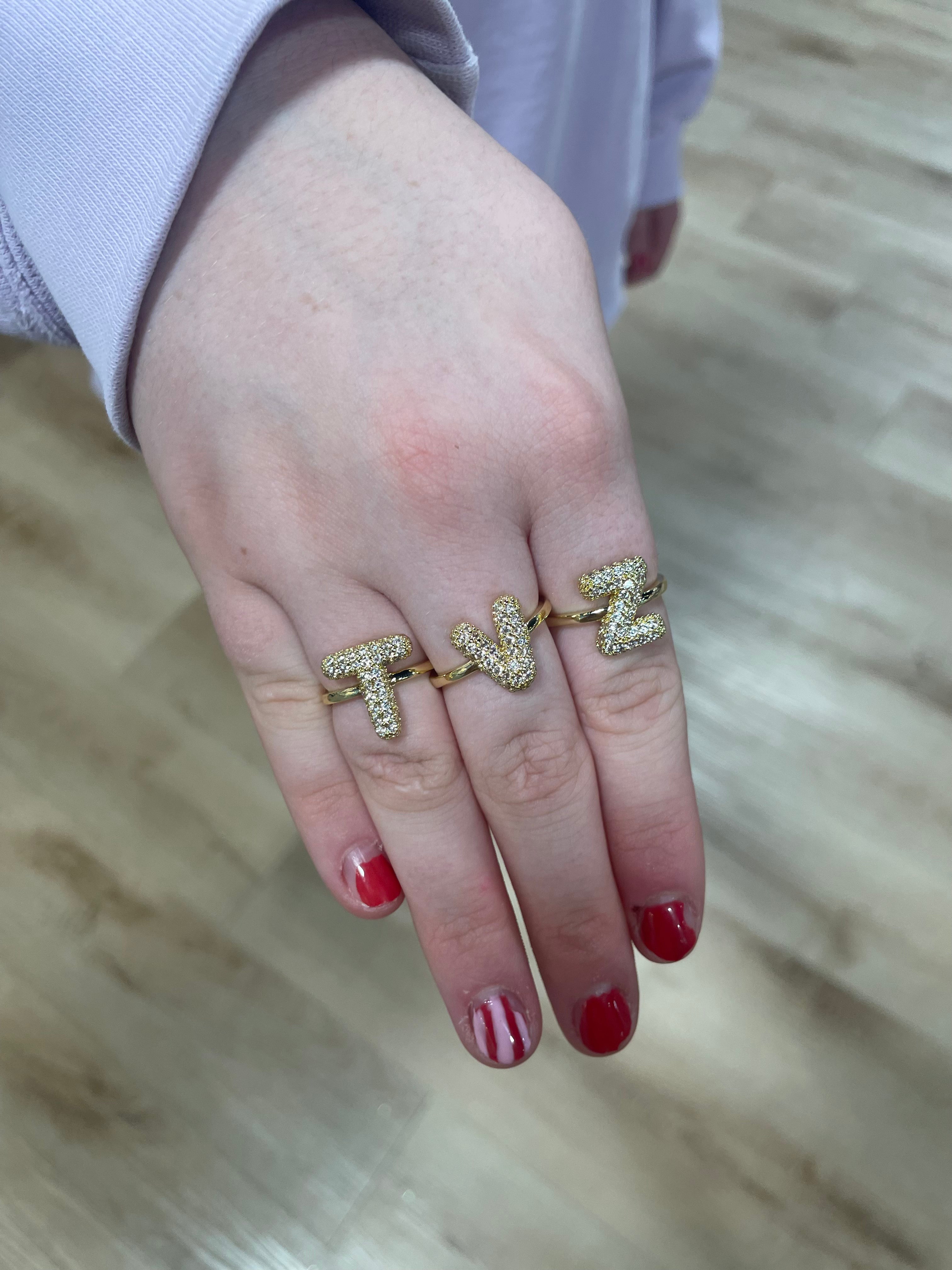 Rhinestone Puff Initial Ring Gold
