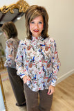 APNY Ruffle Neck Blouse Antique Peacock