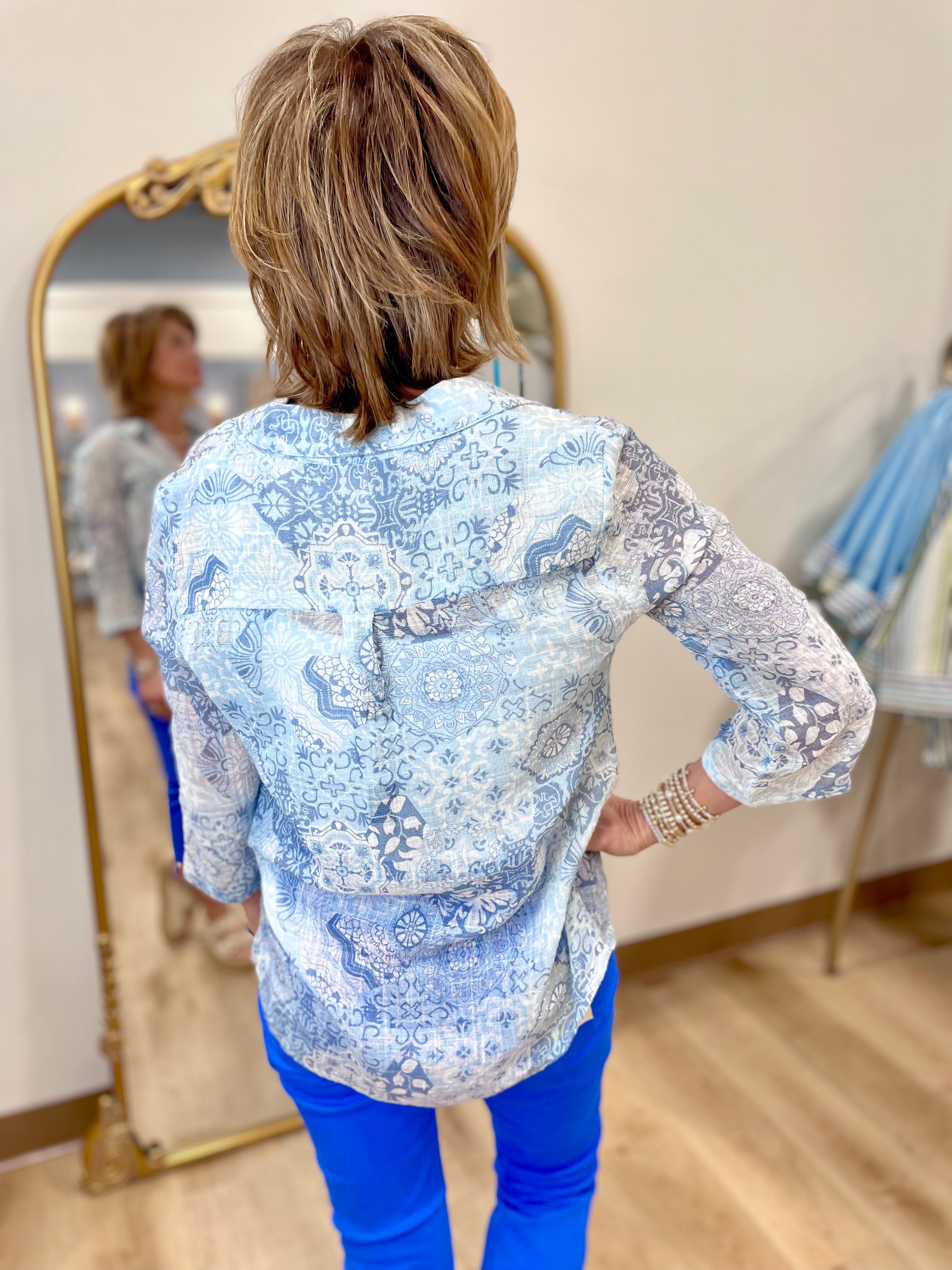 Charlie B Print Roll Up  Sleeve Top Celestial