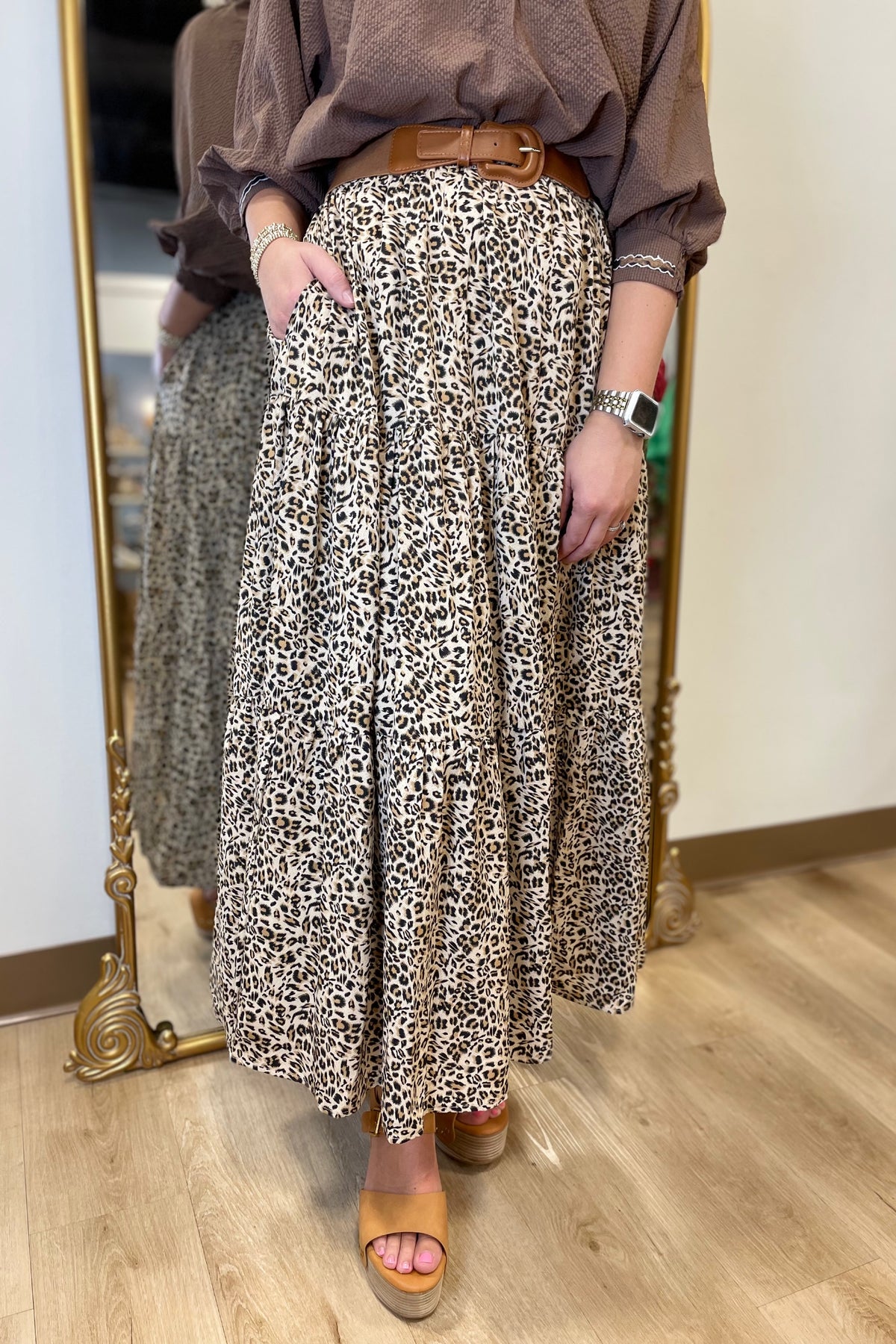 Tiered Leopard Midi Skirt