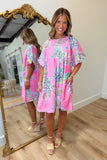 Umgee Pleated Round Neck Bubble Sleeve Dress Peony