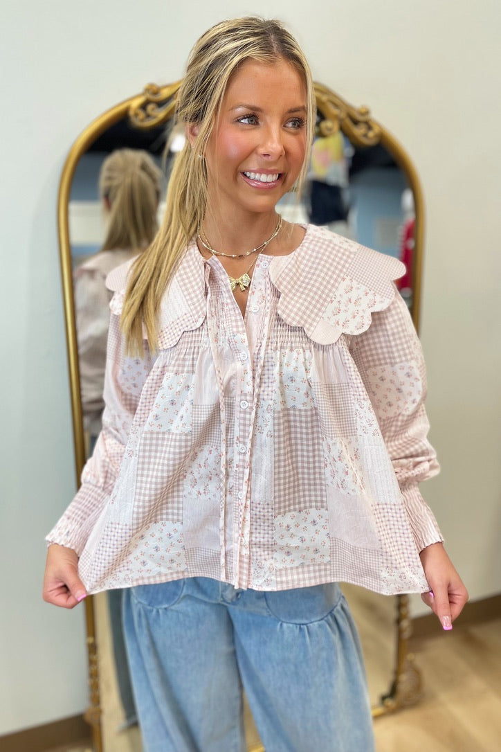 Soft Bloom Scallop Collar Blouse Pink Tile
