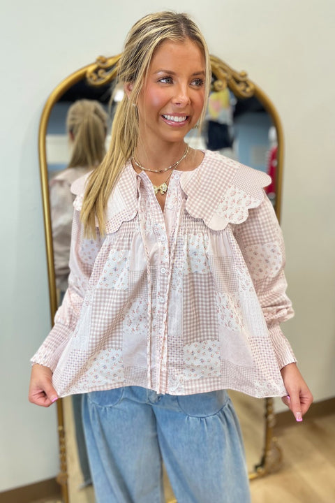 Soft Bloom Scallop Collar Blouse Pink Tile