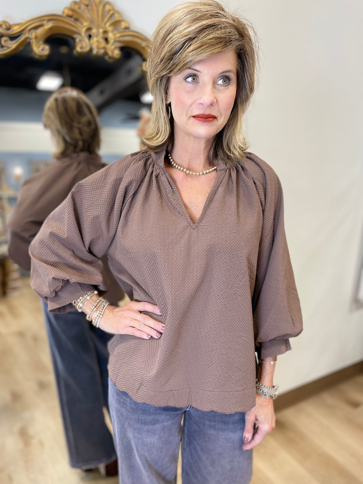 Umgee Scalloped 3/4 Sleeve Brown