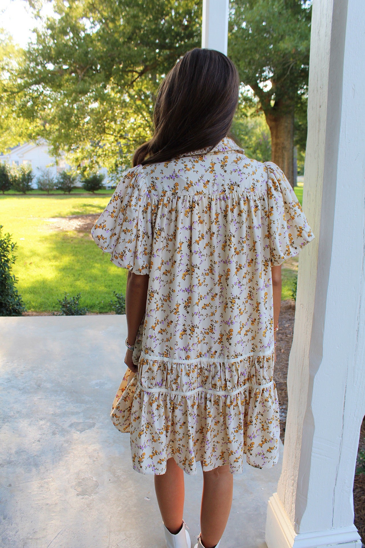 Flower Fall Puff Sleeve Dress Ecru