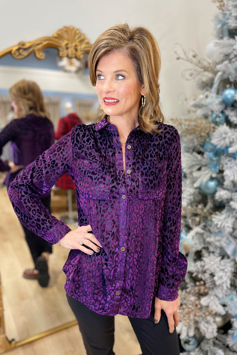 Umgee Leopard Print Velvet Blouse Wine