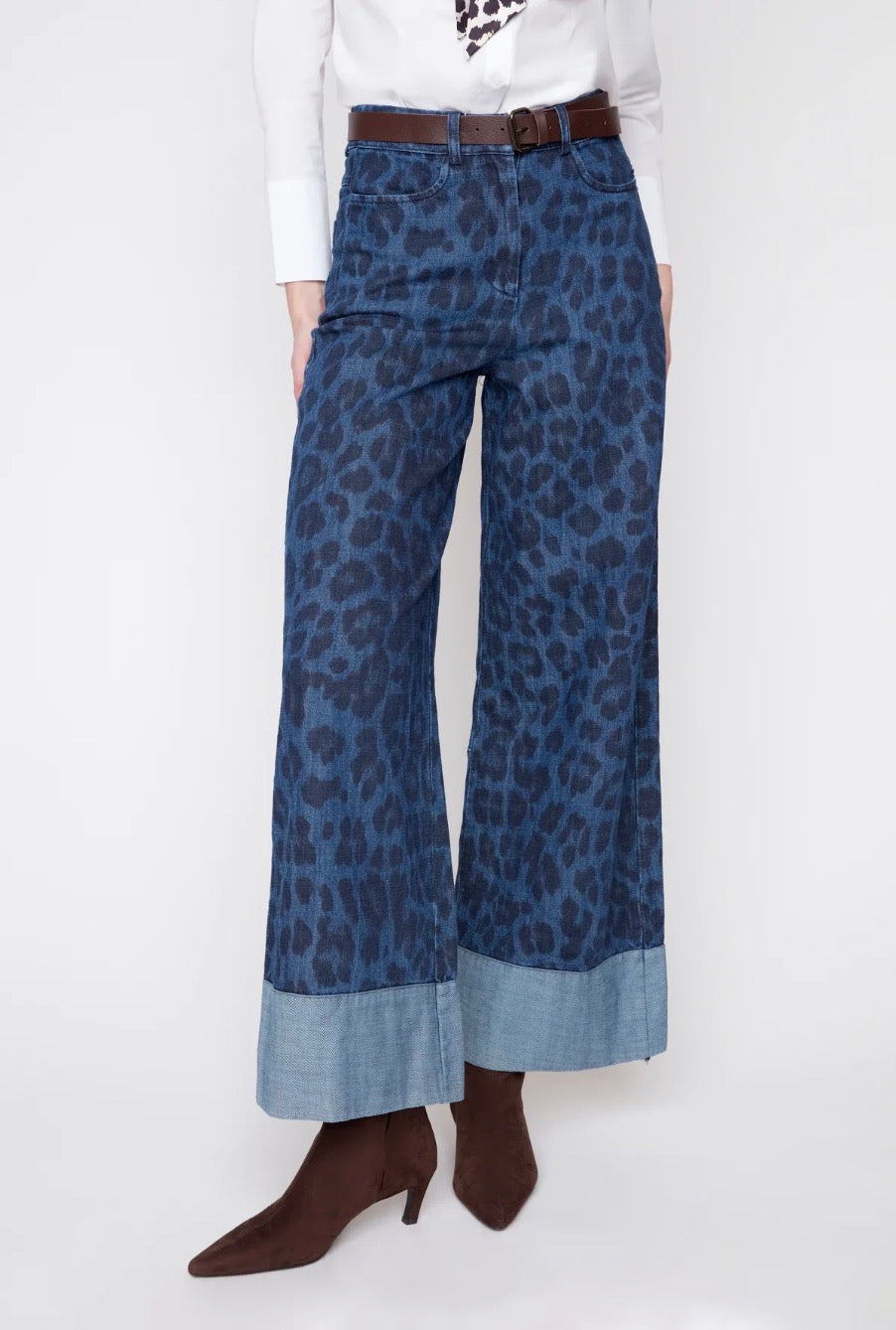 Renuar Cuffed Wide Leg Pant Indigo Leopard