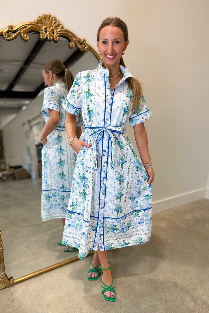 Floral Stripe Midi Shirt Dress Blue