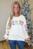 Merry Merry Merry Rhinestone Embellished Sweatshirt Cream