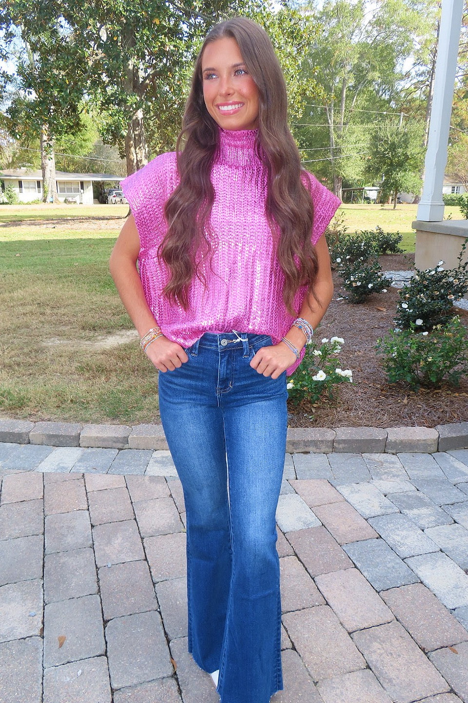Sparkle Season Mock Neck Top Candy Pink