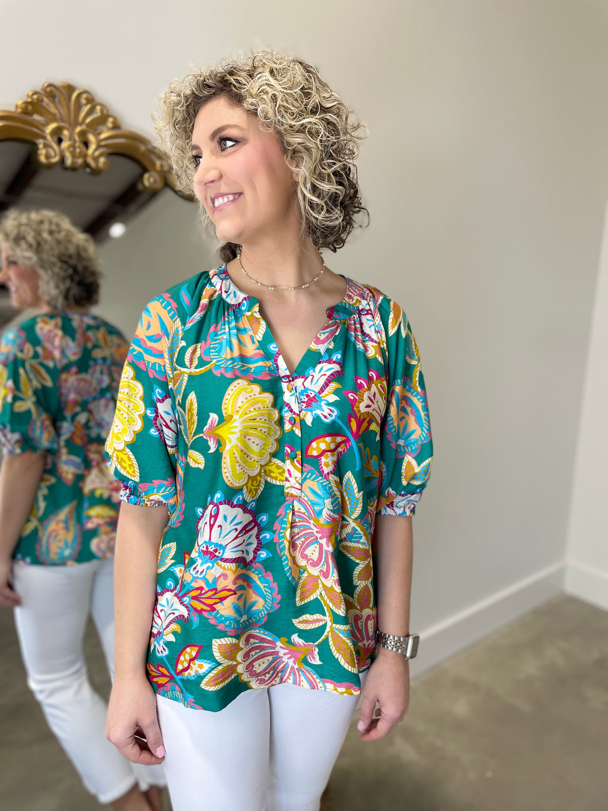 Umgee Neon Paisley Blouse Teal