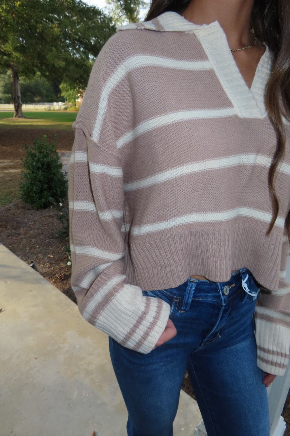 Cold Brew Two Toned Striped Notched Collar Sweater Mocha