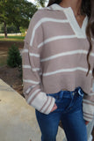 Cold Brew Two Toned Striped Notched Collar Sweater Mocha
