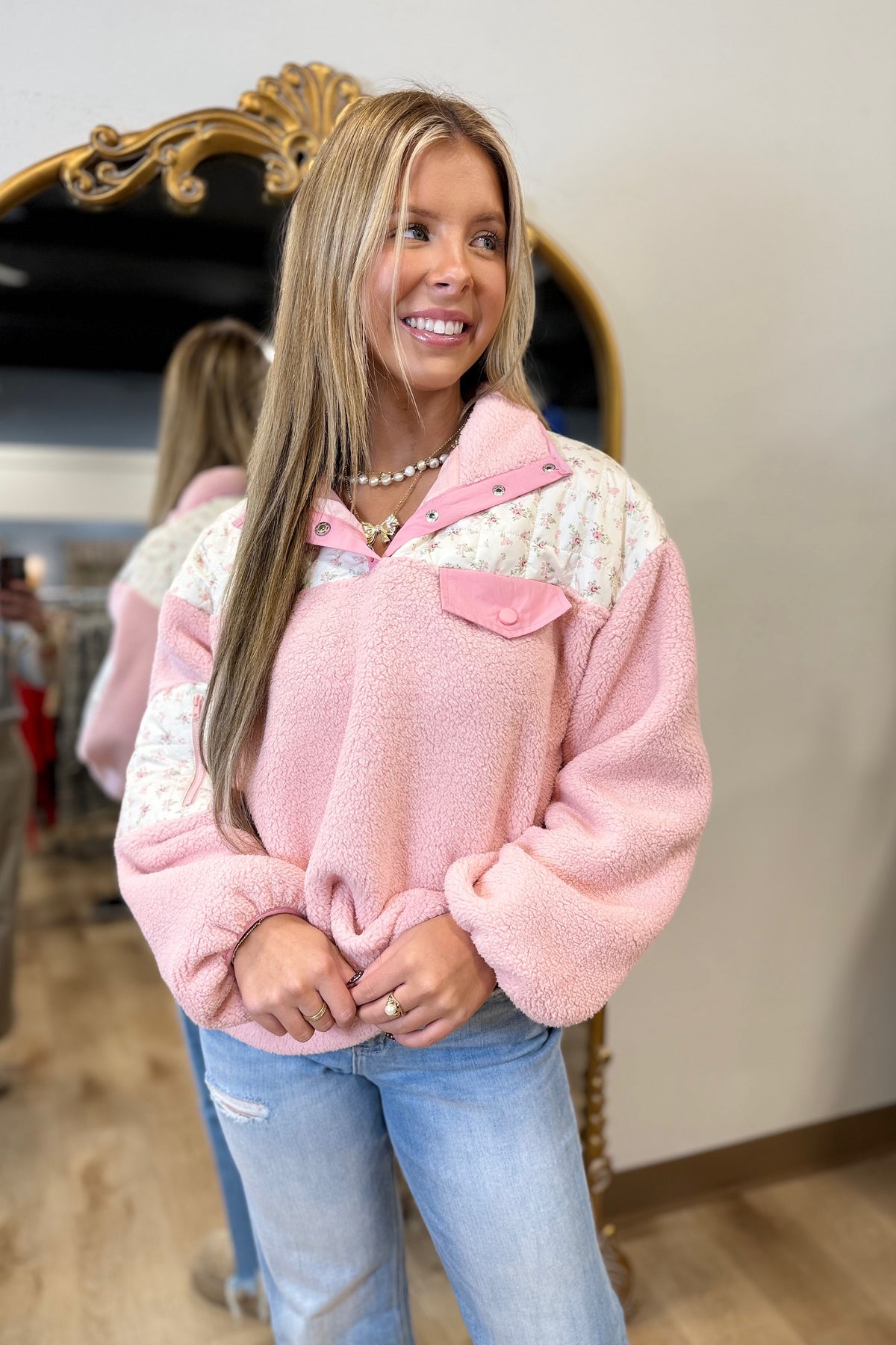 Floral Fleece Quilted Jacket Pink