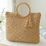 Round Handle Tassel Raffia Woven Tote