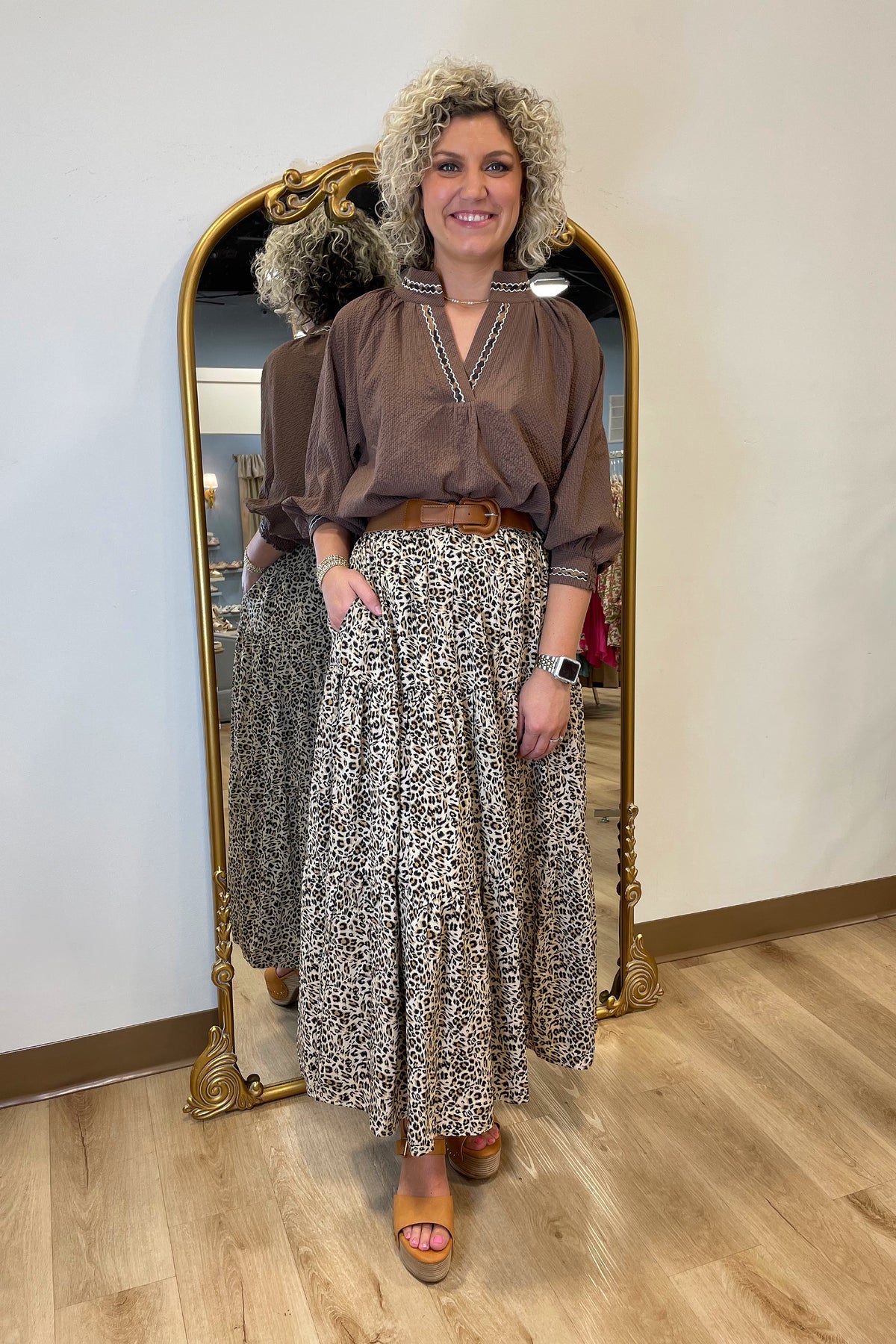 Umgee Leopard Trim Blouse Brown